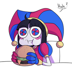 burger chair confusion crumbs crumbs_on_face dialogue eating eating_food female food furniture not_furry on_chair puffed_cheeks sitting sitting_on_chair solo speech_bubble table wide_eyed screaming_alice glitch_productions the_amazing_digital_circus pomni_(tadc) humanoid 1:1 absurd_res hi_res