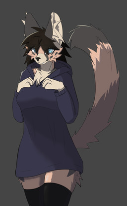 anthro blue_eyes clothing fangs female hoodie inner_ear_fluff legwear looking_at_viewer solo stockings tail teeth topwear tuft cl4ncy felid feline mammal serval absurd_res hi_res