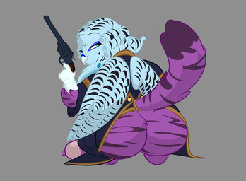 beak big_butt butt butt_window claws cloak clothing curls feral fluffy fluffy_tail gun looking_back male powdered_wig presenting presenting_hindquarters ranged_weapon simple_background slightly_chubby small_beak solo tail weapon wings villegreen hasbro my_little_pony mythology avian gryphon mythological_avian mythological_creature hi_res