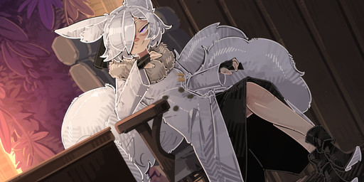 3_tails aio_(shuuko) boots bottomwear clothed clothing coat female fingerless_gloves fluffy fluffy_tail footwear front_view fur furniture gesture gloves hair handwear inner_ear_fluff inside looking_at_viewer multi_tail one_eye_obstructed pale_skin pointy_ears purple_eyes scar shoes short_hair sitting skirt slim small_waist smile solo suggestive suggestive_gesture table tail topwear tuft white_body white_fur white_hair shuuko pmc_promiscuity animal_humanoid canid canid_humanoid canine canine_humanoid fox fox_humanoid humanoid mammal mammal_humanoid absurd_res hi_res