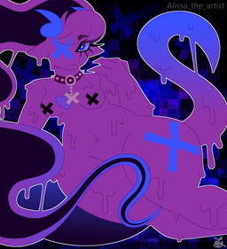 blue_eyes breasts choker claws collar cross cross_eyes female gesture goo_hair hair hand_gesture heart_(marking) horn jewelry long_hair looking_at_viewer lying markings necklace pasties pose pseudo_hair purple_body seductive simple_background slime small_breasts solo tail text thick_thighs translucent wide_hips alissa_the_artist fan_character loasis_(alissa_the_artist) goo_creature humanoid absurd_res artist_name hi_res pinup signature