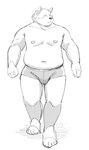 anthro belly bulge clothing kemono male moobs mostly_nude navel nipples overweight overweight_male solo underwear walking sv_grart canid canine mammal 2023 monochrome