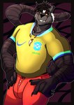 anthro black_body black_fur brazil brazilian claws clothed clothing fur grin jewelry male male_anthro markings muscular muscular_male necklace smile soccer_jersey soccer_uniform solo sportswear striped_markings stripes teeth uniform yellow_eyes nanuk_(artist) nike felid mammal pantherine tiger absurd_res hi_res