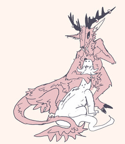 ambiguous_gender andromorph blush breastfeeding duo fangs feral horn horn_jewelry intersex jewelry male male_breastfeeding milk teeth woodhouse3d mythology deer deer_taur dragon mammal mammal_taur mythological_creature mythological_scalie scalie taur absurd_res hi_res busty_boy_(lore)
