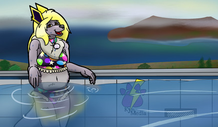 anthro bell bell_collar belly bikini blonde_hair clothing collar fur grey_body grey_fur hair lake looking_at_viewer male mane midriff outside solo swimming_pool swimwear two-piece_swimsuit kynmedia nintendo pokemon kyn_skyther canid canine canis eeveelution generation_1_pokemon hybrid jolteon mammal pokemon_(species) wolf hi_res