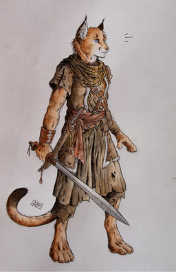 4_toes 5_fingers anthro belt belt_pouch biped blue_eyes bottomwear bracelet brown_body brown_fur buckle clothed clothing dagger digitigrade dipstick_tail ear_piercing ear_ring ear_tuft emanata feet fingers fur fur_trim_(clothing) holding_melee_weapon holding_object holding_sword holding_weapon inner_ear_fluff jewelry male markings melee_weapon necklace pants piercing ring_piercing sash scabbard scarf shirt simple_background solo standing straps surprised sword tail tail_markings toes topwear torn_clothing tuft tunic vest weapon white_background white_body white_fur wraps wrist_wraps 0laffson areksim_(0laffson) caracal caracal_(genus) felid feline mammal 2014 hi_res signature traditional_media_(artwork)