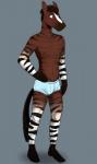 anthro barefoot biped brown_hair bulge clothed clothing feet grey_background hair hand_on_hip male navel nipples simple_background smile solo topless underwear hladilnik will_(hladilnik) equid equine horse hybrid mammal zebra zebroid zorse hi_res