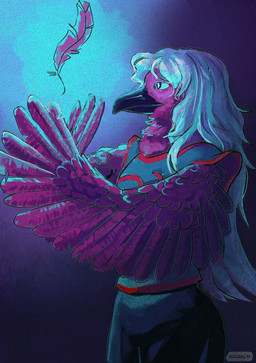 anthro armor beak black_bottomwear black_clothing blue_armor blue_hair bottomwear clothed clothing feathers female hair long_hair looking_at_object magic purple_body purple_feathers simple_background solo toony winged_arms wings aucaailin avian bird 2025 absurd_res comic digital_media_(artwork) hi_res shaded