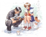 accessory asian_clothing beverage bread carton clothing console container crouching cup cutlery duo east_asian_clothing female food footwear gaming gloves handheld handwear headband japanese_clothing japanese_school_uniform kitchen_utensils legwear male milk noodles not_furry playing_video_game ramen ribbons school_uniform serafuku shoes simple_background sitting sneakers socks spoon street tools uniform white_background unknown_artist capcom king_of_fighters neo_geo_pocket street_fighter kyo_kusanagi sakura_kasugano human mammal