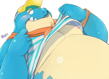 anthro belly blue_body blue_scales blush clothed clothing clothing_lift hat headgear headwear male moobs nipples overweight overweight_anthro overweight_male scales scar scarf shirt shirt_lift solo tank_top topwear visor_cap hijirinoyuta lifewonders tokyo_afterschool_summoners makara_(tas) crocodile crocodilian reptile scalie