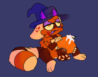 anthro balls big_balls big_penis bodily_fluids breasts cum cum_in_pumpkin cum_inside cum_through food fruit genital_fluids genitals gynomorph holidays intersex penetration penis plant pumpkin pumpkin_fucking solo crazymazies halloween eggy_(crazymazies) ailurid mammal red_panda hi_res