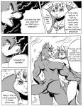 anthro canid canine canis clothing comic dialogue digital_media_(artwork) domestic_cat duo english_text felid feline felis femboy greyscale jockstrap male male/male mammal monochrome muscular reagan700 text underwear wolf