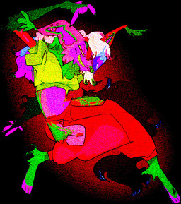 anthro bottomwear bright_colors clothed clothed_anthro clothing female fully_clothed fully_clothed_anthro fur green_clothing green_shirt green_topwear grin oversized_bottomwear oversized_clothing oversized_pants pants pink_body pink_fur purple_body purple_fur red_bottomwear red_clothing red_pants shirt smile solo sparklefur topwear guncht canid canine mammal 2024 colorful_theme full-length_portrait portrait