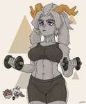 2_horns abs abstract_background accessory anthro antlers arm_tuft athletic_wear bicep_curl blue_eyes bodily_fluids bottomwear bra breasts clothed clothed_anthro clothed_female clothing collarbone dumbbell exercise eyebrows eyelashes female female_anthro female_focus floppy_ears front_view fur grey_body grey_fur grey_hair group gym_bottomwear gym_shorts hair hair_accessory hair_ring horn lop_ears midriff monotone_body monotone_fur muscular muscular_anthro muscular_female muscular_thighs navel shorts shoulder_tuft solo_focus sports_bra standing sweat thick_eyebrows trio tuft underwear weightlifting weights workout yellow_antlers foxero pseudoregalia sybil_(pseudoregalia) bovid caprine goat hybrid jackalope lagomorph leporid mammal rabbit 2024 colored digital_media_(artwork) portrait shaded three-quarter_portrait