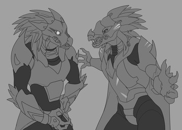 4_fingers anthro arm_feathers arm_tuft armor cuirass duo eye_contact feather_hair feathered_crest feathers female fingers head_crest headgear helmet looking_at_another pseudo_hair pupils slit_pupils spaulder standing teeth tuft leafjuly halo_(series) microsoft xbox_game_studios maz_fel red_fel alien avian kig-yar scalie t'vaoan 2024 hi_res monochrome sibling_(lore) sister_(lore) sisters_(lore)