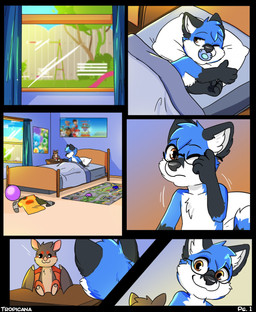 anthro ball bed bedding bedroom black_body black_fur blanket blue_body blue_fur brown_eyes carpet clothing diaper eyewear feces footwear fur furniture glasses male object_in_mouth pacifier pacifier_in_mouth plushie shirt socks topwear white_body white_fur young young_anthro young_male tropicana canid canine canis mammal wolf comic hi_res