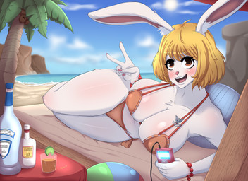 5_fingers alcohol anthro arm_support beach beverage big_breasts bikini blonde_hair bottle bracelet breasts camel_toe clothed clothing cloud container female fingers fur gesture glass hair hand_gesture jewelry looking_at_viewer lying nails on_side open_mouth outside palm_tree plant seaside skimpy sky smile solo sun swimwear teeth thick_thighs tree two-piece_swimsuit v_sign water white_body white_fur wide_hips kobioh_(artist) one_piece carrot_(one_piece) lagomorph leporid mammal minkmen_(one_piece) rabbit hi_res
