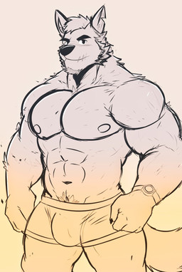 abs anthro beard blush blush_lines bulge claws clock clothing eyebrows facial_hair fur hair looking_at_viewer male muscular muscular_anthro muscular_male navel nipples pecs pubes scar simple_background solo standing watch frankescobarx echo_(series) echo_project the_smoke_room william_adler canid canine canis coyote mammal hi_res monochrome