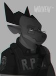 anthro bulletproof_vest clothing countershade_face countershade_scales countershading eyewear glasses grey_background horn male police police_uniform scales simple_background solo text uniform itswolven mythology vynn_(itswolven) dragon mythological_creature mythological_scalie scalie 2018 2019 english_text greyscale half-length_portrait hi_res monochrome portrait signature