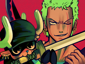 anthro antlers clothing duo ear_piercing eye_scar facial_scar fingers green_hair hair hat headgear headwear holding_melee_weapon holding_object holding_sword holding_weapon hooves horn male melee_weapon one_eye_closed piercing scar smile sword weapon potachi one_piece roronoa_zoro tony_tony_chopper deer human mammal 4:3