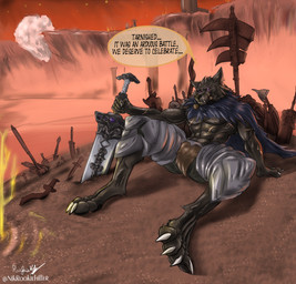 anthro male solo weapon rookiehiller elden_ring fromsoftware blaidd_(elden_ring) canid canine mammal absurd_res hi_res