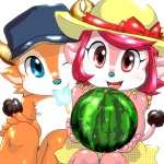 anthro clothing dress duo female food fruit fur hat headgear headwear horn looking_at_viewer male mascot melon one_eye_closed plant popsicle ribbons smile summer tail watermelon wink young young_anthro chikuwabu nippon_professional_baseball orix_buffaloes buffalo_bell buffalo_bull_(orix_buffaloes) bovid bovine cattle mammal 1:1