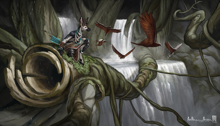 ambiguous_gender anthro arrow_(weapon) bangle barefoot bottomwear bow_(weapon) chest_strap clothed clothing detailed_background ear_piercing ear_ring feathers feet feral flying group horn jewelry kneeling loincloth male moss nature necklace outside piercing plant ranged_weapon ring_piercing tree tribal vines water waterfall weapon anthonyavon avian bird falcon falconid giraffid mammal okapi 2019 detailed digital_media_(artwork)