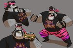 angry anthro black_hair bottomwear burger clothed clothing eating eyebrows eyes_closed facial_hair fingerless_gloves food footwear fully_clothed gloves hair handwear male mustache pants sharp_teeth simple_background smile solo teeth unibrow polartoons buddy_thunderstruck_(series) artichoke_(buddy_thunderstruck) canid canine mammal 2019 hi_res