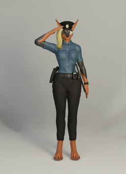 4_toes anthro aviator_glasses barefoot barely_visible_pawpads black_pawpads claws clothing digitigrade eyewear feet female finger_claws gesture glasses hair pawpads paws police police_officer police_uniform salute solo toe_claws toes uniform weapon blacklya blacklya_(modeler) fan_character officer_vixen canid canine canis dobermann domestic_dog mammal pinscher 3d_(artwork) absurd_res digital_media_(artwork) hi_res