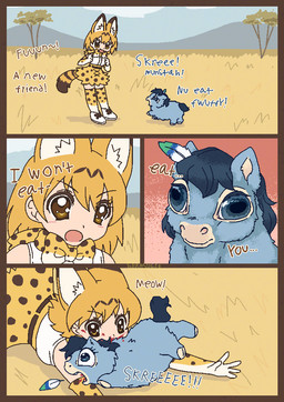 acacia_tree ambiguous_gender attacked bite blonde_hair blood blood_from_mouth blood_in_mouth blue_body blue_eyes blue_fur blue_hair blue_text blush bodily_fluids bottomwear brown_eyes brown_text clothed clothed_humanoid clothing color_coded_text dialogue duo eyelashes feathers female feral footwear fully_clothed fully_clothed_humanoid fur gloves gore hair handwear kemono legwear looking_at_another markings nature nature_background neck_bow open_mouth pattern_bottomwear pattern_clothing pattern_footwear pattern_gloves pattern_handwear pattern_legwear pattern_skirt pattern_socks plant realistic savanna scared shoes skirt smile socks spots spotted_bottomwear spotted_clothing spotted_footwear spotted_gloves spotted_handwear spotted_skirt spotted_socks standing striped_markings striped_tail stripes surprised tail tail_markings text thigh_highs tree white_clothing white_footwear white_shoes young young_ambiguous young_female young_feral young_humanoid serasugee fluffy_pony kemono_friends serval-chan animal_humanoid felid felid_humanoid feline feline_humanoid fluffy_pony_(species) humanoid mammal mammal_humanoid serval_humanoid 2025 broken_english comic digital_drawing_(artwork) digital_media_(artwork) english_text