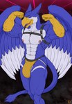 abs anthro bulge clothing flexing flexing_bicep jockstrap looking_at_viewer male muscular open_mouth open_smile smile solo standing underwear nilemonitor mythology jericko_(germanshepherd69) avian gryphon mythological_avian mythological_creature