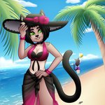 anthro ball beach breasts clothed clothing detailed_background duo female hair hat headgear headwear outside sand sky smile swimwear tail water dark_moon moira_(casitoarroyo) domestic_cat felid feline felis humanoid mammal 1:1 absurd_res digital_media_(artwork) hi_res