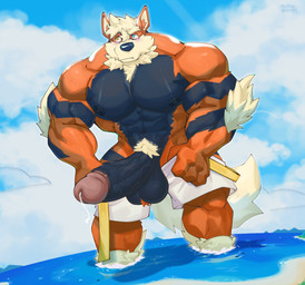4_fingers abs anthro anthrofied balls barazoku beach biceps big_balls big_bulge big_muscles big_pecs big_penis bodily_fluids body_hair bottomwear bottomwear_down bulge clothed clothing erection fingers genital_fluids genitals heterochromia huge_balls huge_muscles huge_pecs huge_penis humanoid_genitalia humanoid_penis macro macro_anthro macro_male male muscular muscular_anthro muscular_male nipples outside partially_clothed pecs penis pokemorph precum shorts shorts_down solo taking_off_shorts vein veiny_penis oinu_kori nintendo pokemon kori_(oinu_kori) arcanine canid canine generation_1_pokemon mammal pokemon_(species) digital_media_(artwork) hi_res
