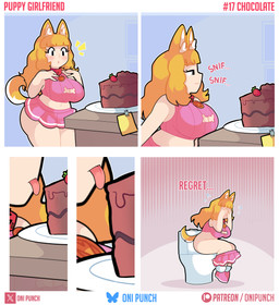 big_breasts bodily_fluids bottomwear breasts cake candy chocolate chocolate_cake clothing collar crying desk dessert eyelashes female food fruit furniture huge_breasts miniskirt pink_bottomwear pink_clothing pink_skirt plant poisoned skirt sniffing solo strawberry table tears text thick_thighs toilet tongue tongue_out onigiri_punch animal_humanoid canid canid_humanoid canine canine_humanoid dog_humanoid humanoid mammal mammal_humanoid absurd_res comic english_text hi_res