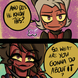 bow_tie brown_hair clothing dialogue eyebrows female freckled_face freckles hair half-closed_eyes horn looking_at_viewer male narrowed_eyes raised_eyebrow red_eyes sigh smile speech_bubble text toothy_grin white_hair yellow_sclera this_colorful_abyss hellaverse helluva_boss millie_(helluva_boss) moxxie_(helluva_boss) demon demon_humanoid horned_humanoid humanoid imp 1:1 comic hi_res