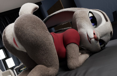 anthro bed bent_over clothing eyebrows eyelashes female female_anthro fur furniture genitals grey_body grey_fur inside multicolored_body multicolored_ears multicolored_fur on_bed purple_eyes smile solo tail topwear vulva white_body white_fur melo disney zootopia judy_hopps european_rabbit lagomorph leporid mammal oryctolagus rabbit 2025 3d_(artwork) digital_media_(artwork) hi_res