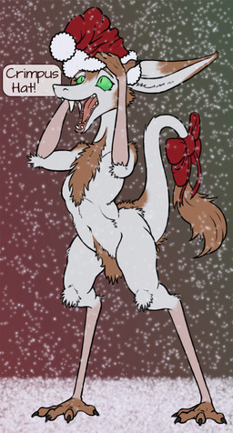 accessory anthro bow_(feature) bow_accessory bow_ribbon brown_body brown_fur christmas_clothing christmas_headwear clothing dialogue fur furgonomics green_eyes hat headgear headwear holidays male navel ribbons santa_hat snow solo tail tail_accessory tail_bow tail_ribbon tail_tuft text tuft white_body white_fur lord_magicpants christmas out-of-placers mammal yinglet english_text hi_res
