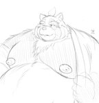 anthro blush clothing kemono male moobs nipples obese obese_anthro obese_male one_eye_closed overweight overweight_anthro overweight_male robe solo wink pochizizi lifewonders live_a_hero shoen canid canine mammal raccoon_dog tanuki 2021 hi_res monochrome sketch