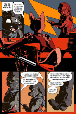 ambiguous_gender anthro book chair claws clothing collar dialogue dramatic_lighting duo female fluffy fluffy_tail furniture melee_weapon offering_hand pawpads sword table tail tattoo text torn_clothing unsheathing_weapon weapon rick_griffin ideka toka_(rick_griffin) canid canine canis hyena mammal wolf 2024 2:3 comic english_text hi_res