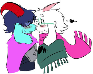 alternate_species ambiguous_gender anthro anthrofied armor blue_body blue_fur blush clothing duo embarrassed eyewear fur glasses hair hair_over_eyes horn male robe scarf white_body white_fur blookndied deltarune undertale_(series) kris_dreemurr ralsei bovid caprine goat mammal hi_res