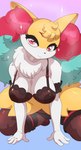 2024 4_fingers absurd_res anthro areola big_breasts black_body black_fur bra braixen breasts cleavage clothed clothing digital_media_(artwork) eyebrows fan_character female fingers fishnet_clothing fur generation_6_pokemon hi_res inner_ear_fluff juzztie kneeling legwear lingerie looking_at_viewer nintendo nipples panties pokemon pokemon_(species) red_eyes seraphine_(roflfox) smile solo sparkles stockings translucent tuft underwear white_body white_fur yellow_body yellow_fur