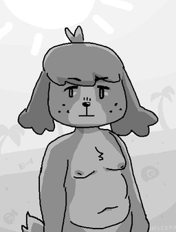anthro belly floppy_ears freckles grey_background male moobs navel nipples nude outside overweight palm_tree plant simple_background slightly_chubby slightly_chubby_anthro slightly_chubby_male solo standing sun tail tree conditional_dnp holidaydipstick animal_crossing nintendo digby_(animal_crossing) canid canine canis domestic_dog mammal monochrome