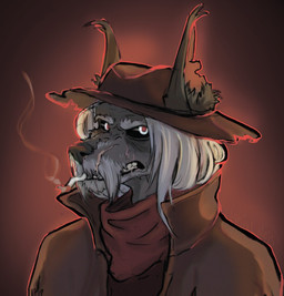 anthro brown_body character_deathsinger clothing facial_hair hair hat headgear headwear male mustache red_scarf scar scarf white_facial_hair white_hair white_mustache white2noise1 dead_by_daylight canid canine canis domestic_dog mammal eyes white hi_res