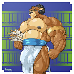 anthro balls_outline big_bulge black_nipples bottomwear bulge chest_tuft clothing detailed_bulge eyewear genital_outline glasses green_eyes loincloth looking_at_viewer male musclegut muscular muscular_anthro muscular_male nipple_piercing nipple_ring nipples pecs penis_outline piercing ring_piercing scribe scroll solo tuft regnar darvas_(regnar) bovid caprine goat mammal 1:1 2016