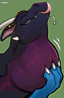 ambiguous_gender black_body bodily_fluids claws eyes_closed feral hand_on_throat horn motion_lines mouth_closed neck_bulge oral_vore purple_body saliva simple_background smile soft_vore solo swallowing teeth text tongue tongue_out vore roobin european_mythology mythology annika_(pippuri) dragon mythological_creature mythological_scalie scalie western_dragon 2025 artist_name hi_res