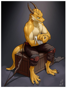 anthro belly border bottomwear bow_(weapon) bronze_scales clothing digitigrade green_eyes horn knee_guards male muscular muscular_anthro muscular_male pants ranged_weapon sitting sitting_on_crate solo tail tapering_tail weapon white_belly white_border wrappings wraps wrist_wraps w4g4 qaas kobold scalie 2019 hi_res