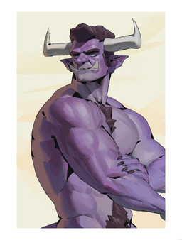 2_horns biceps border brown_eyebrows brown_hair chest_tuft claws empty_eyes eyebrows finger_claws hair head_horn head_turned horn humanoid_pointy_ears looking_aside male mouth_closed muscular muscular_humanoid muscular_male nude nude_humanoid nude_male overbite pointy_ears purple_body side_view simple_background solo tail tuft tusks white_border white_eyes yellow_background kingarthur_i humanoid 2024 digital_drawing_(artwork) digital_media_(artwork) half-length_portrait hi_res portrait