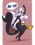 anthro big_breasts black_body black_fur bottomwear breasts butt clothed clothing female fluffy fluffy_tail fur genitals hair nipple_dip nipples pussy skirt solo tail text thick_thighs topless white_body white_fur white_hair wide_hips joelasko pogo miz_ma'm'selle_hepzibah mammal mephitid skunk absurd_res hi_res