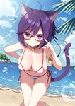 ahoge armband beach bell bell_collar bikini blush breasts cleavage clothed clothing cloud collar colored_edge_bikini eyewear female glasses hair hanging_breasts leaning leaning_forward lens_flare looking_at_viewer palm_tree plant purple_eyes purple_hair side-tie_bikini side-tie_clothing side-tie_swimwear sky smile solo string_bikini swimwear thigh_gap tree triangle_bikini two-piece_swimsuit water water_drop wet mauve_(artist) animal_humanoid cat_humanoid felid felid_humanoid feline feline_humanoid humanoid mammal mammal_humanoid 2023 hi_res