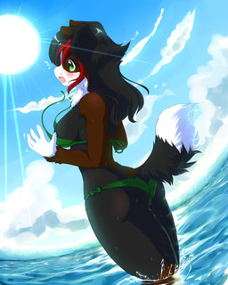 accident accidental_exposure anthro back-tie_bikini back-tie_clothing back-tie_swimwear bikini biped black_body black_hair blush bow_bikini breasts butt chest_tuft clothing cloud detailed_background dutch_angle embarrassed female fisheye_lens fur green_eyes hair long_hair low-angle_view neck-tie_bikini neck-tie_clothing neck-tie_swimwear open_mouth outside sea seascape side_boob sky solo standing sun surprised swimwear thick_thighs tuft two-piece_swimsuit untied untied_bikini wardrobe_malfunction water wet conditional_dnp pooding canid canine canis domestic_dog herding_dog mammal pastoral_dog sheepdog shetland_sheepdog 4:5 digital_media_(artwork) hi_res